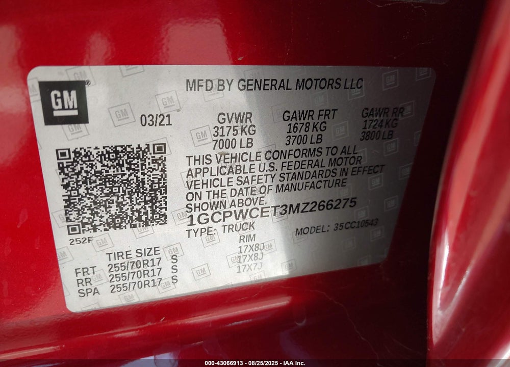 2021 CHEVROLET SILVERADO 1500 VIN: 1GCPWCET3MZ266275