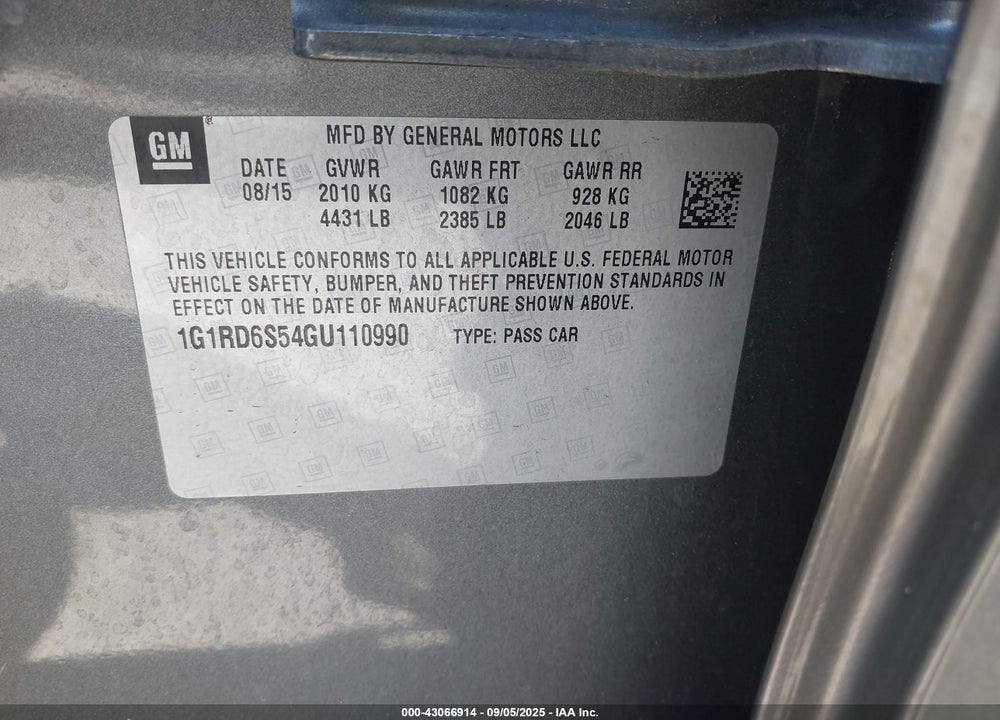 2016 CHEVROLET VOLT PREMIER VIN: 1G1RD6S54GU110990