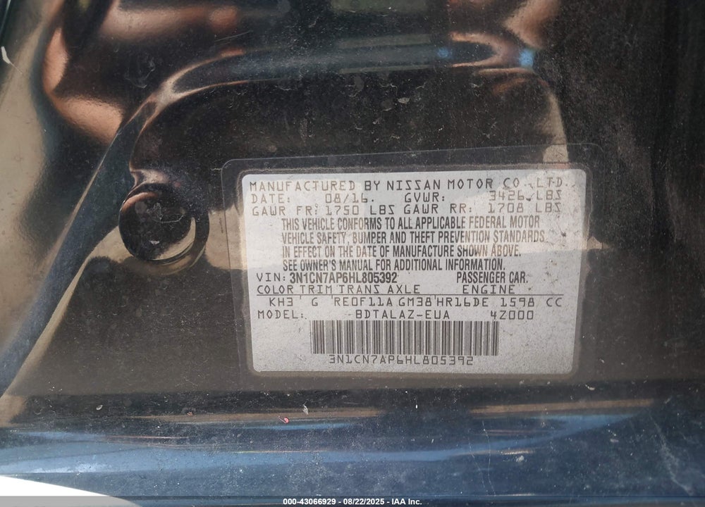 2017 NISSAN VERSA 1.6 S+ VIN: 3N1CN7AP6HL805392