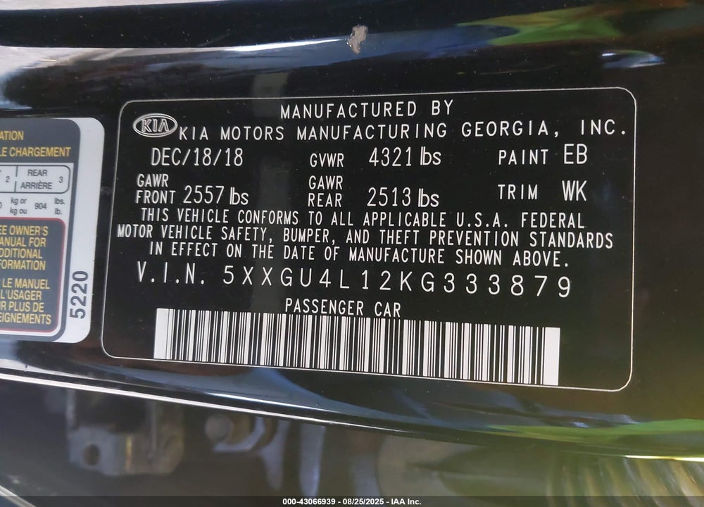 2019 KIA OPTIMA EX VIN: 5XXGU4L12KG333879