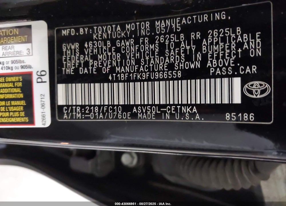 2015 TOYOTA CAMRY VIN: 4T1BF1FK9FU966558