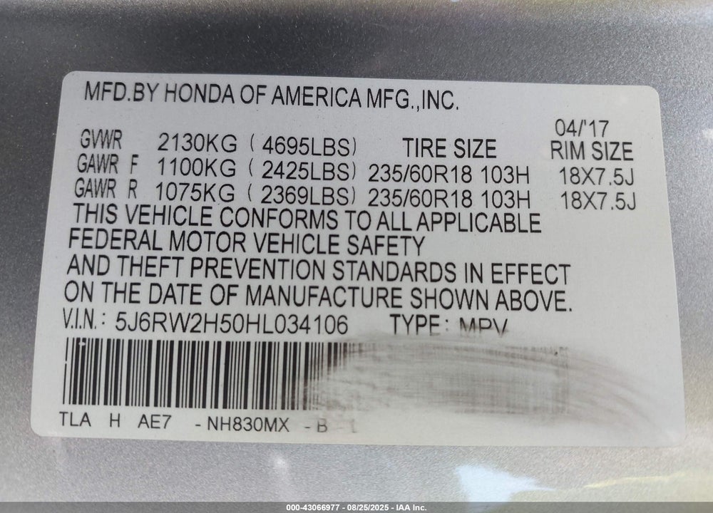2017 HONDA CR-V VIN: 5J6RW2H50HL034106