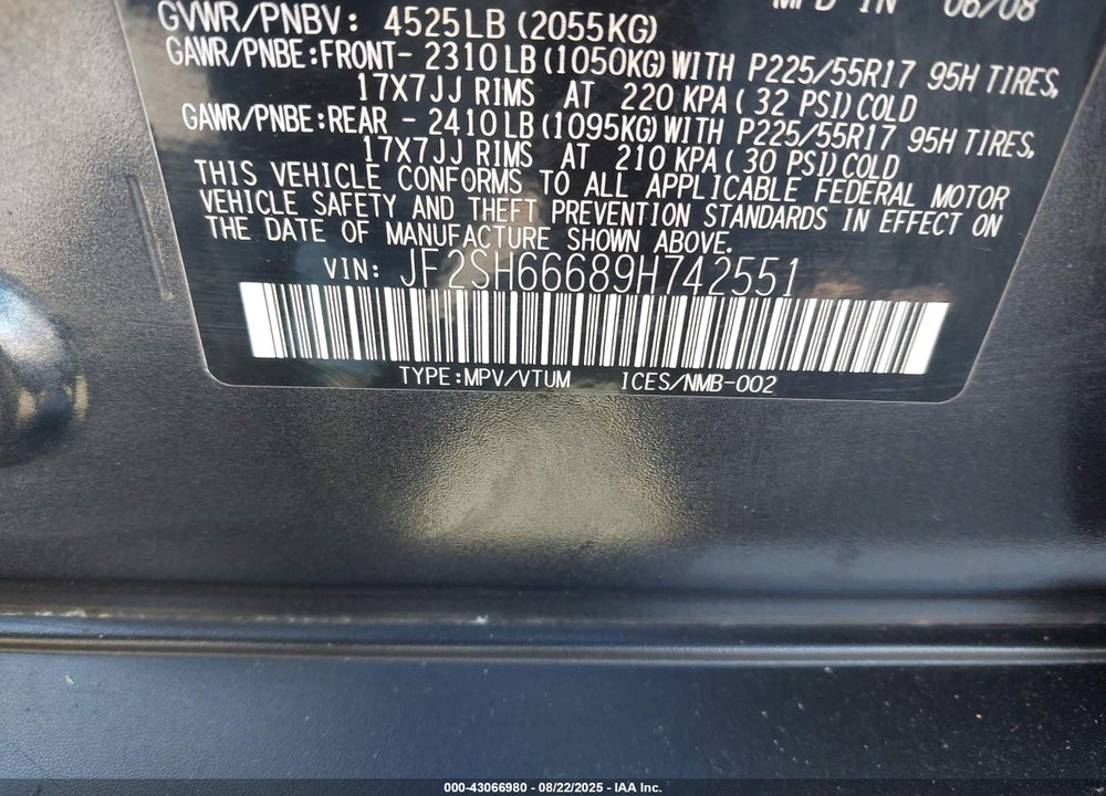 2009 SUBARU FORESTER VIN: JF2SH66689H742551