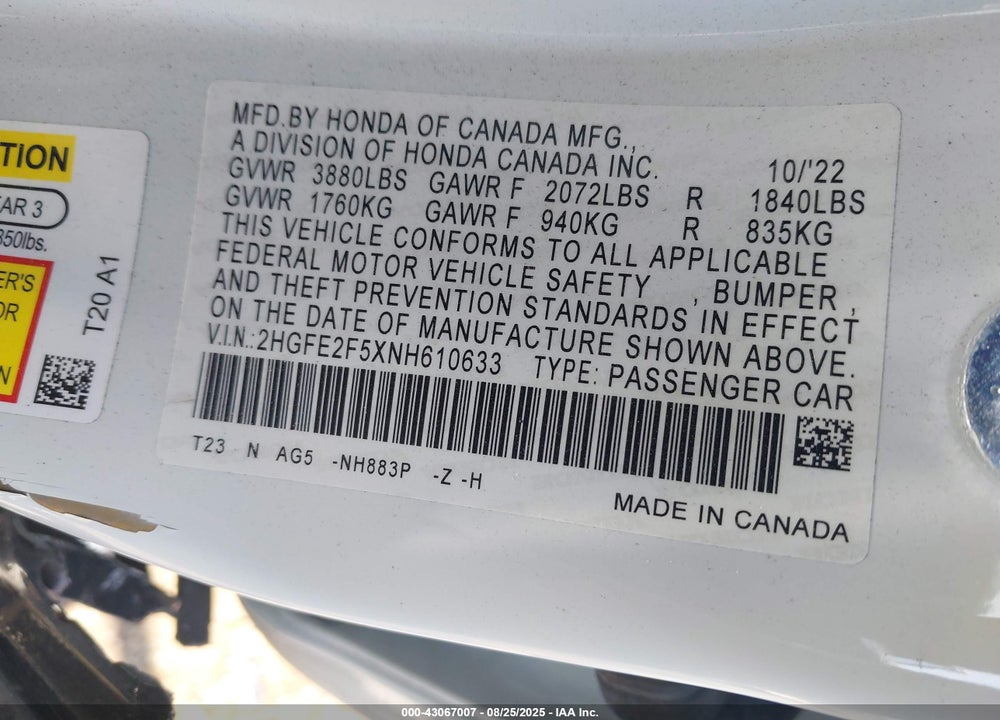 2022 HONDA CIVIC VIN: 2HGFE2F5XNH610633
