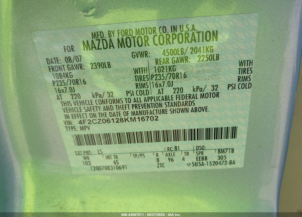 2008 MAZDA TRIBUTE VIN: 4F2CZ06128KM16702