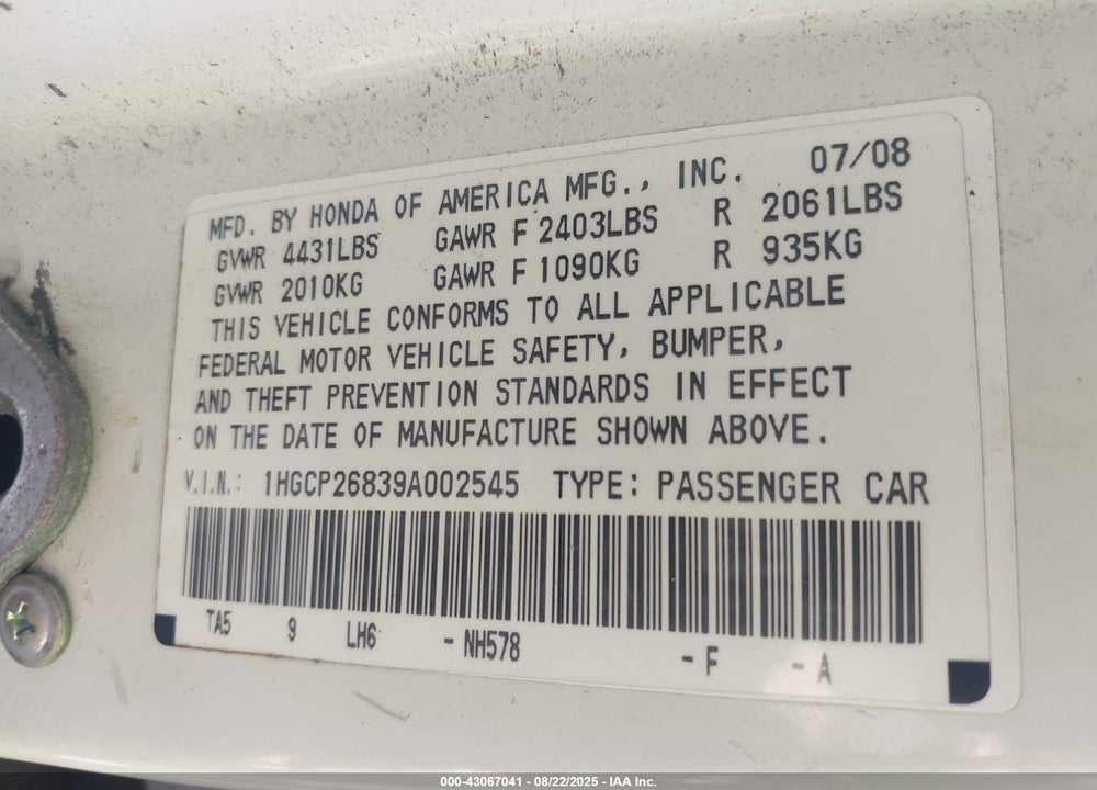2009 HONDA ACCORD 2.4 EX-L VIN: 1HGCP26839A002545