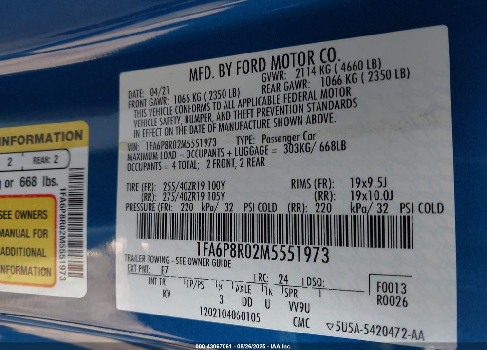 2021 FORD MUSTANG VIN: 1FA6P8R02M5551973
