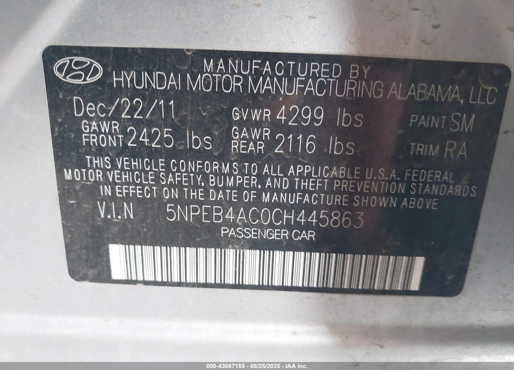 2012 HYUNDAI SONATA VIN: 5NPEB4AC0CH445863