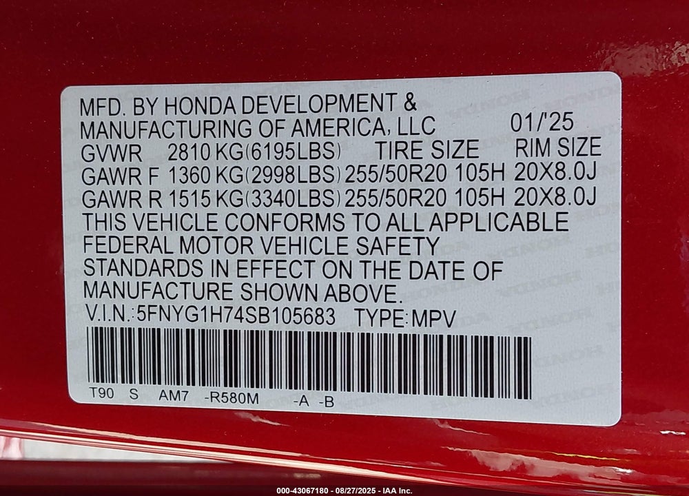 2025 HONDA PILOT VIN: 5FNYG1H74SB105683