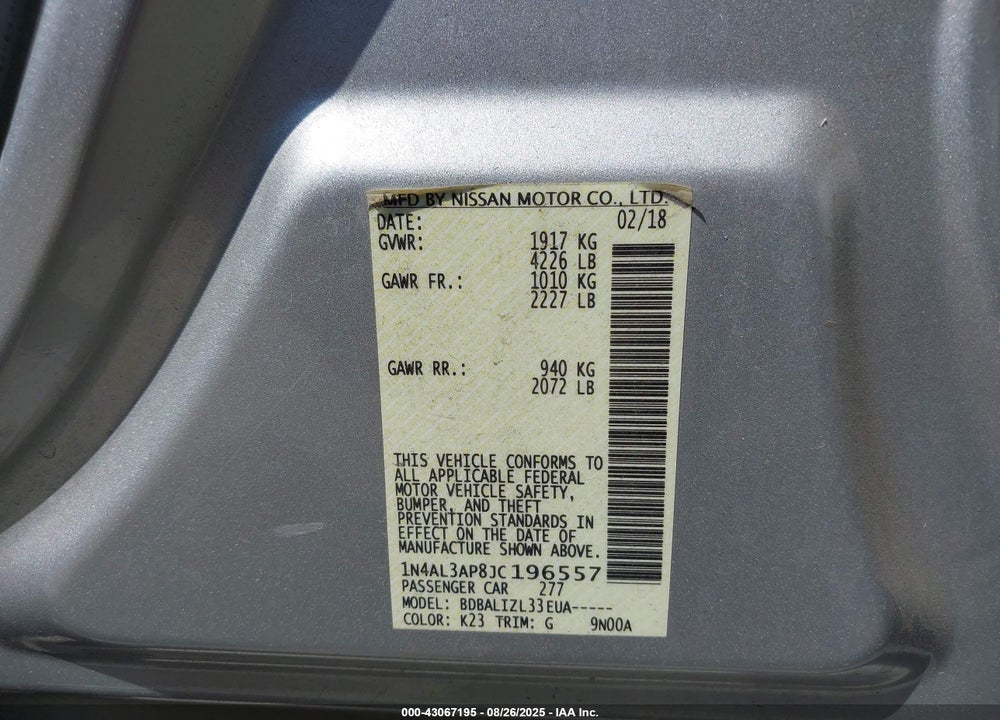 2018 NISSAN ALTIMA VIN: 1N4AL3AP8JC196557