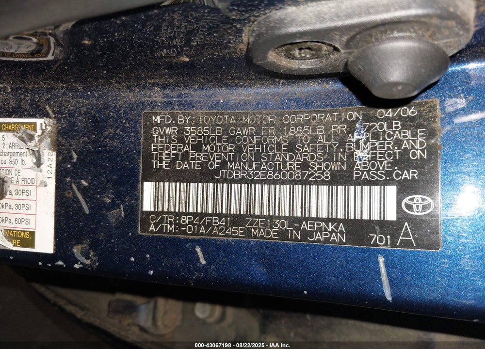 2006 TOYOTA COROLLA LE VIN: JTDBR32E860087258