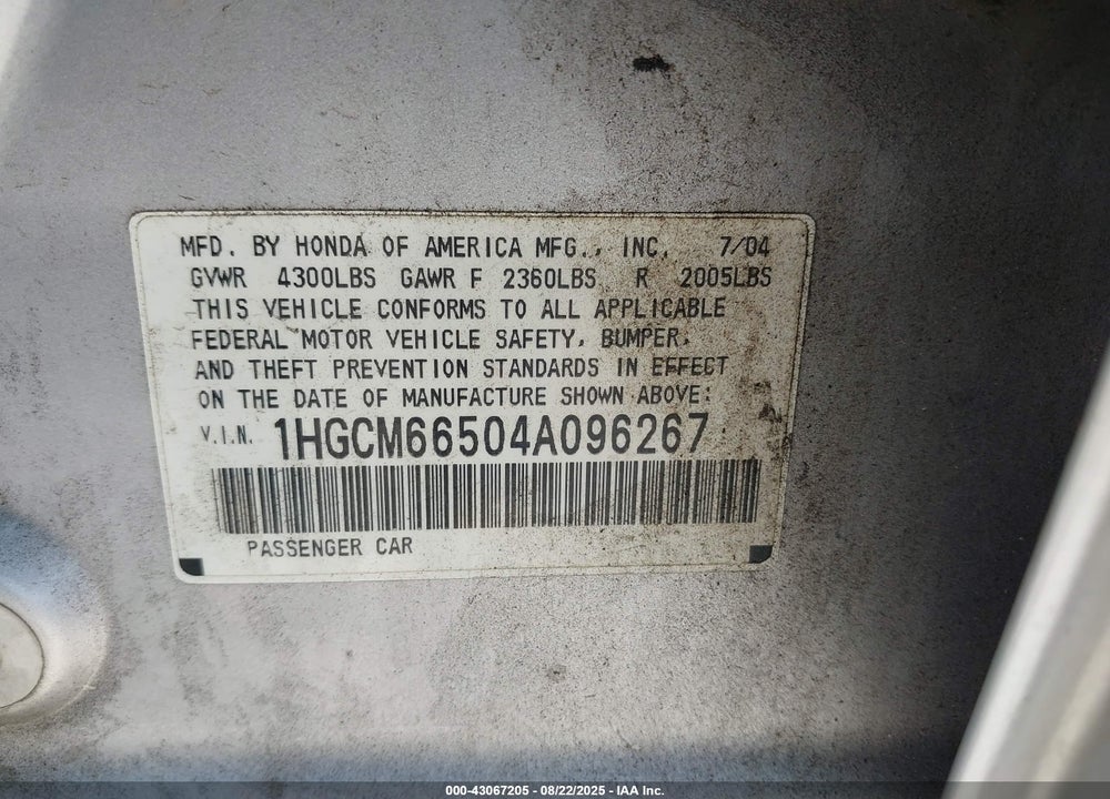 2004 HONDA ACCORD 3.0 EX VIN: 1HGCM66504A096267