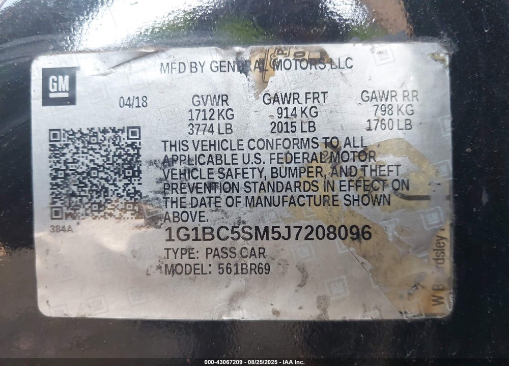 2018 CHEVROLET CRUZE VIN: 1G1BC5SM5J7208096