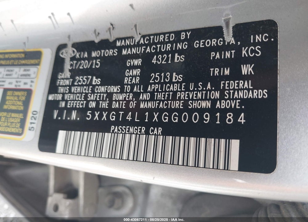 2016 KIA OPTIMA VIN: 5XXGT4L1XGG009184