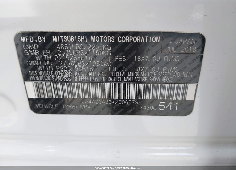 2019 MITSUBISHI OUTLANDER VIN: JA4AZ3A33KZ006579