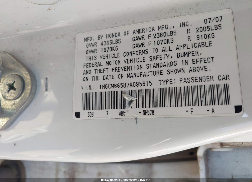 2007 HONDA ACCORD VIN: 1HGCM66587A095615