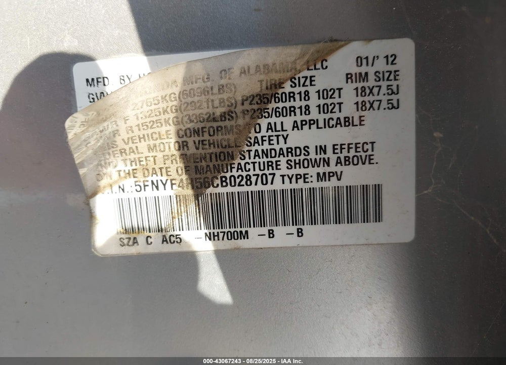 2012 HONDA PILOT EX-L VIN: 5FNYF4H56CB028707
