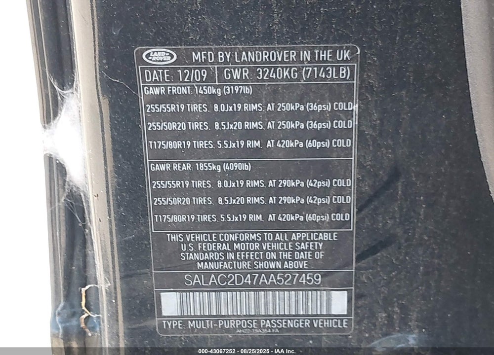 2010 LAND ROVER LR4 VIN: SALAC2D47AA527459