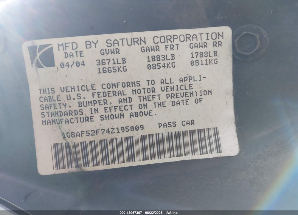 2004 SATURN ION 1 VIN: 1G8AF52F74Z195009