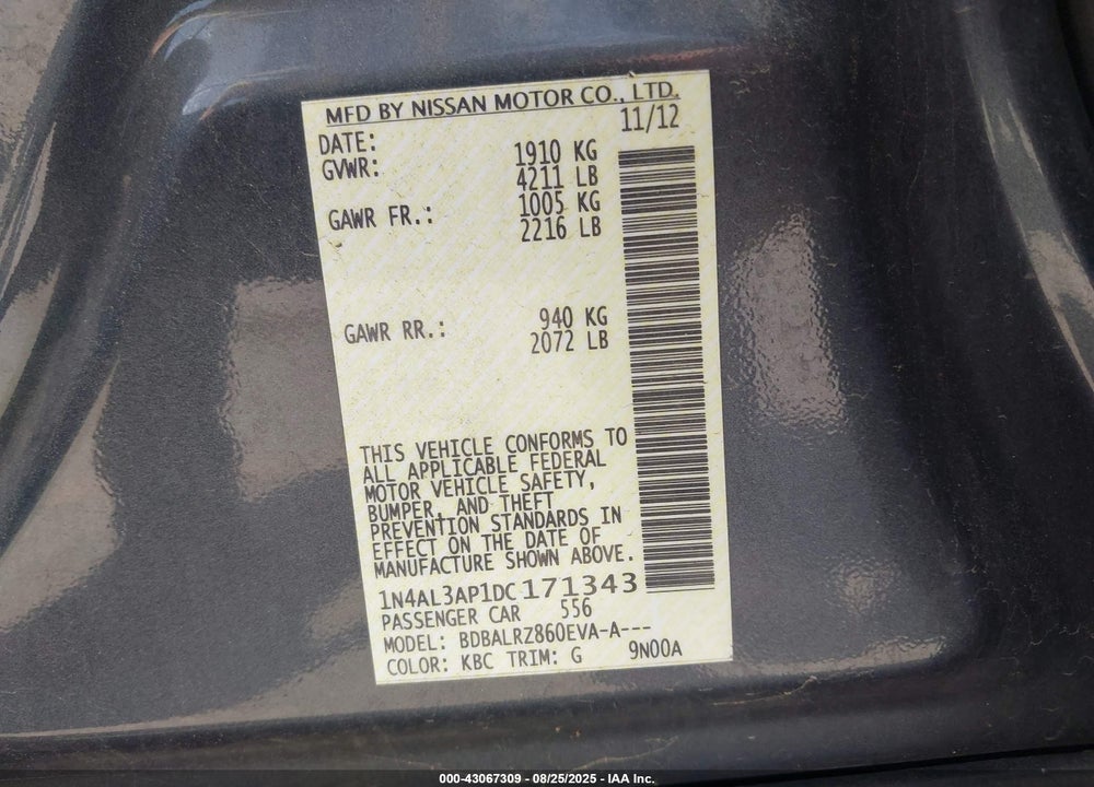 2013 NISSAN ALTIMA 2.5 S VIN: 1N4AL3AP1DC171343