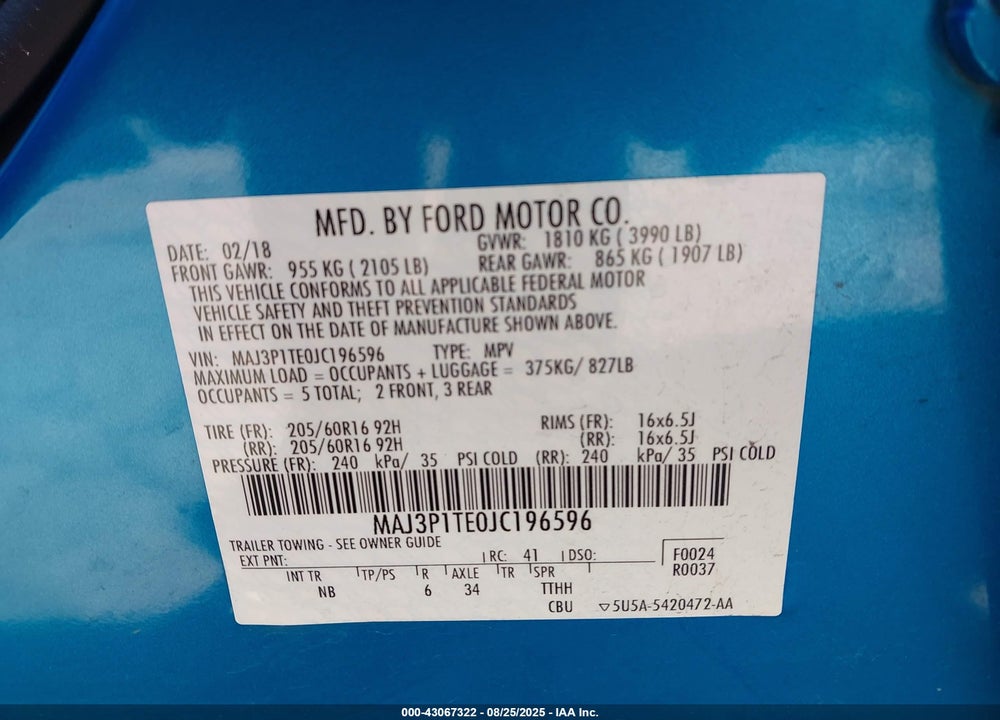 2018 FORD ECOSPORT VIN: MAJ3P1TE0JC196596
