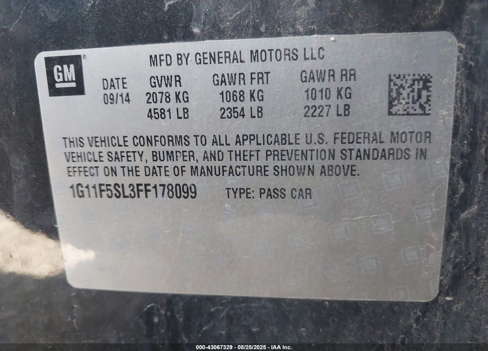 2015 CHEVROLET MALIBU VIN: 1G11F5SL3FF178099