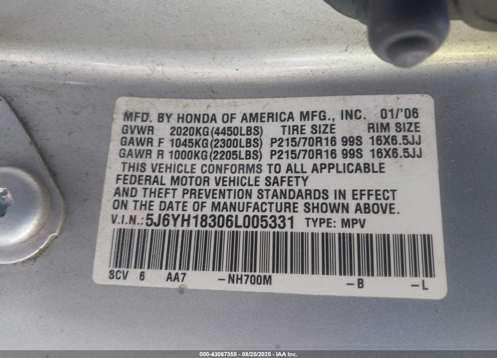 2006 HONDA ELEMENT LX VIN: 5J6YH18306L005331
