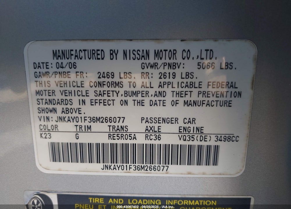 2006 INFINITI M35X VIN: JNKAY01F36M266077