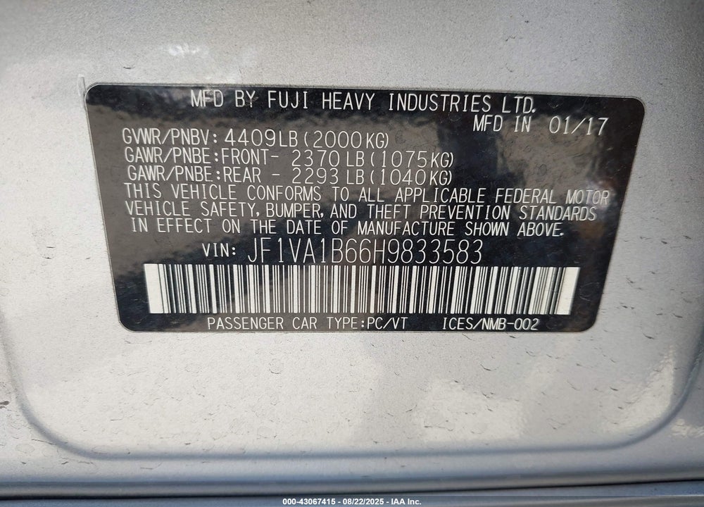 2017 SUBARU WRX VIN: JF1VA1B66H9833583