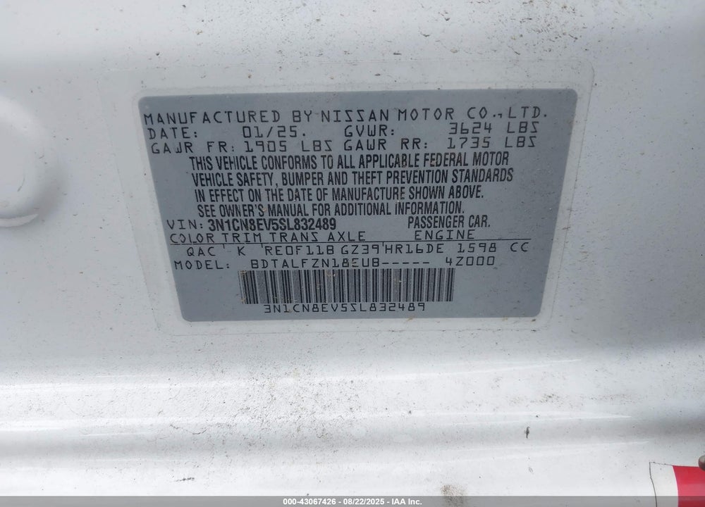 2025 NISSAN VERSA VIN: 3N1CN8EV5SL832489