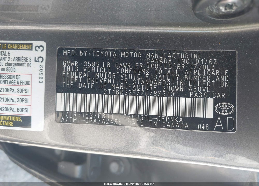 2007 TOYOTA COROLLA VIN: 2T1BR32E77C787313