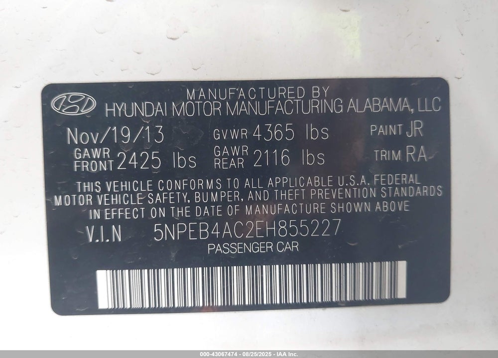 2014 HYUNDAI SONATA VIN: 5NPEB4AC2EH855227