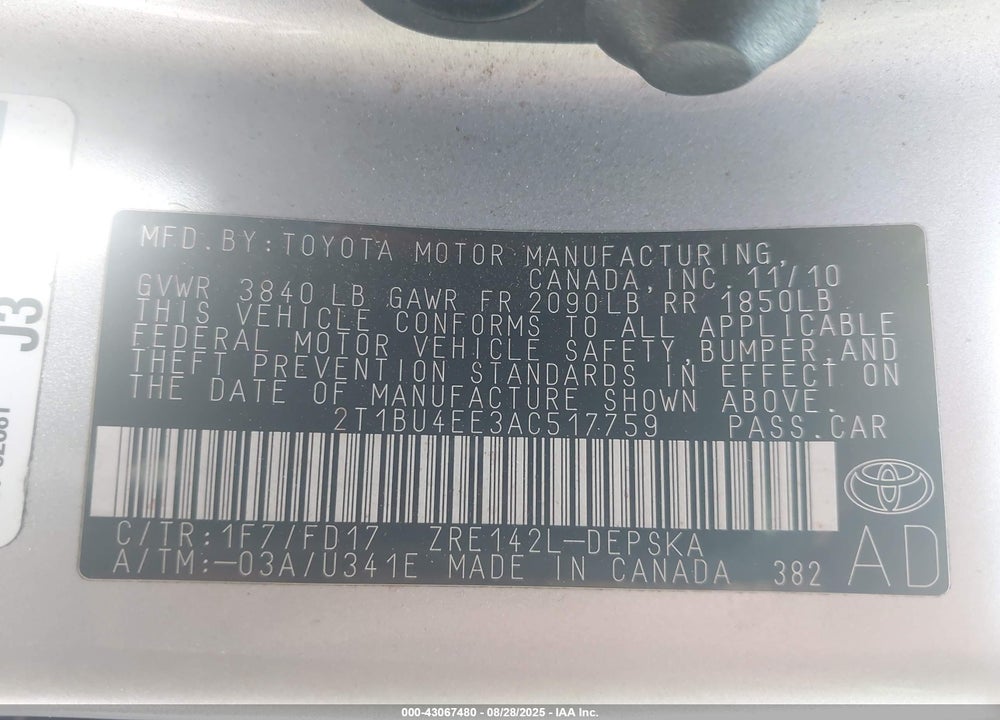 2010 TOYOTA COROLLA VIN: 2T1BU4EE3AC517759