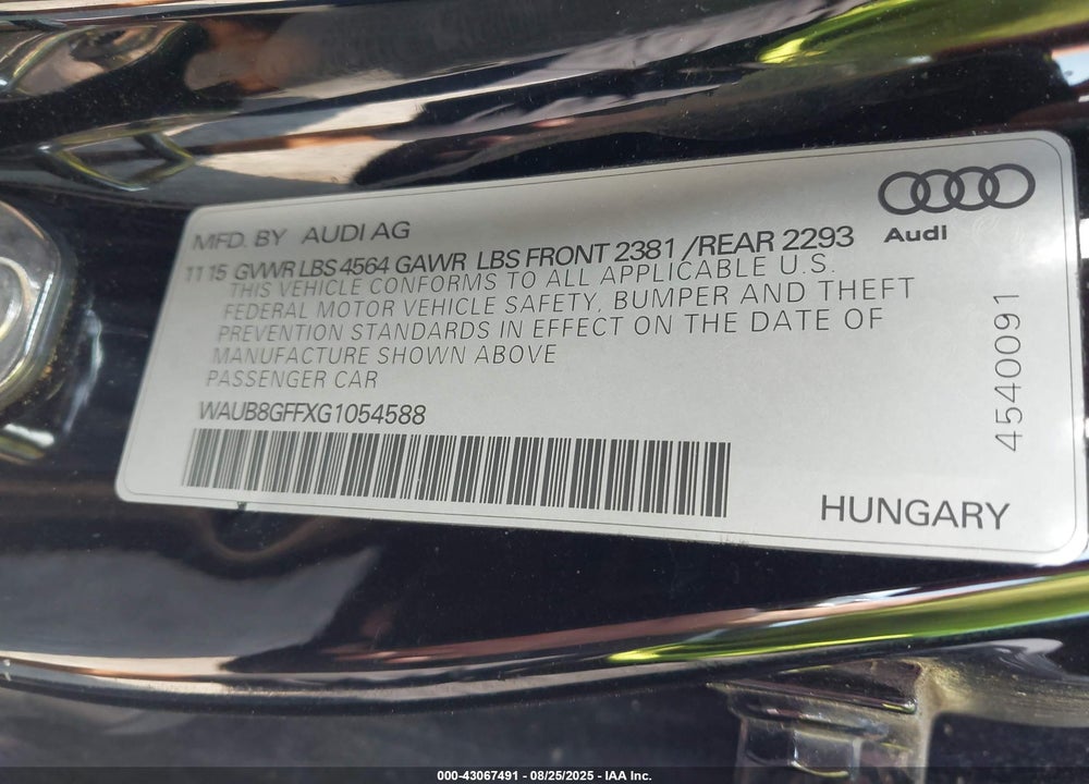 2016 AUDI A3 VIN: WAUB8GFFXG1054588