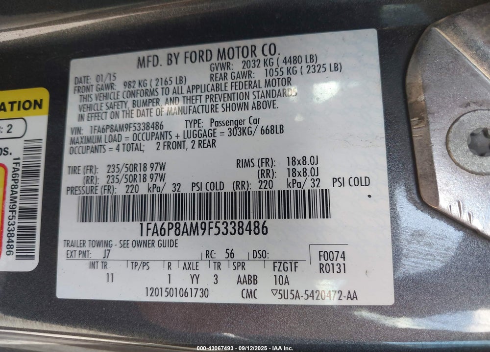 2015 FORD MUSTANG V6 VIN: 1FA6P8AM9F5338486
