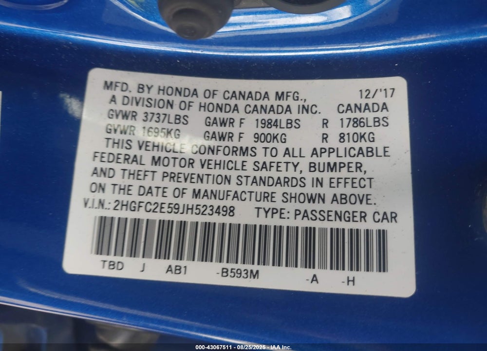2018 HONDA CIVIC VIN: 2HGFC2E59JH523498