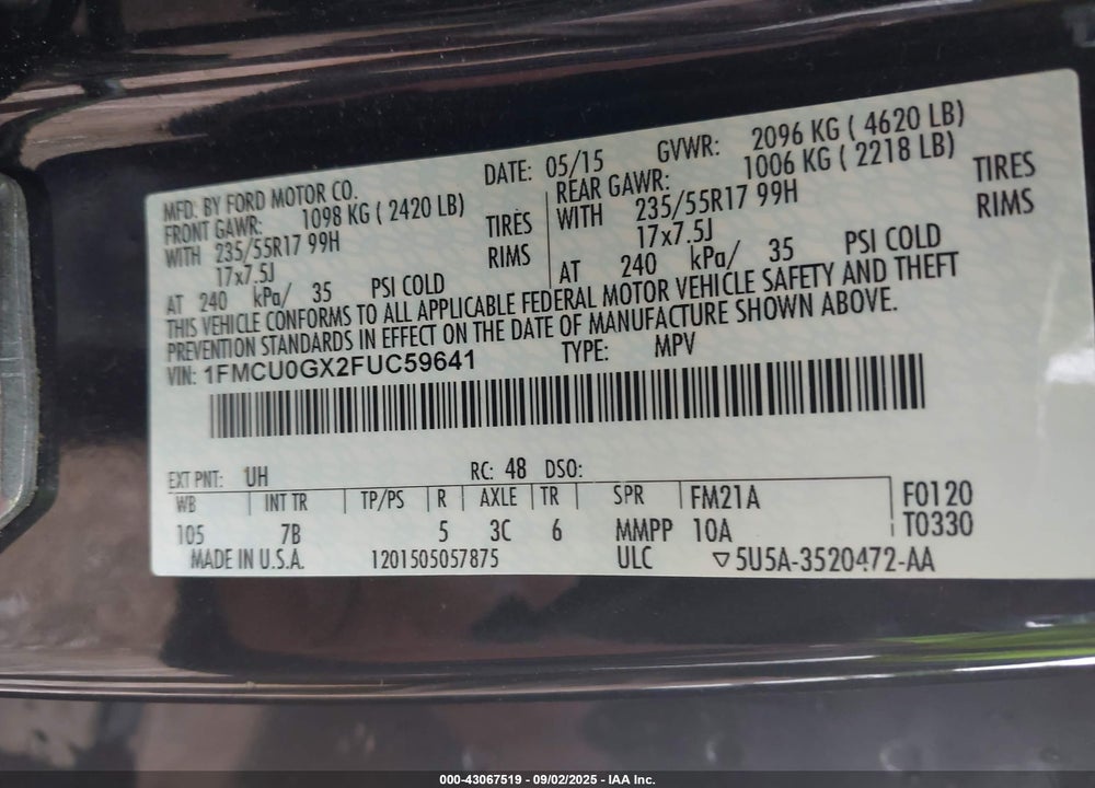 2015 FORD ESCAPE VIN: 1FMCU0GX2FUC59641