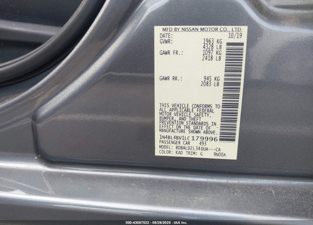 2020 NISSAN ALTIMA VIN: 1N4BL4BV1LC179996