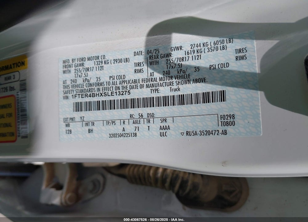 2025 FORD RANGER VIN: 1FTER4BHXSLE13275