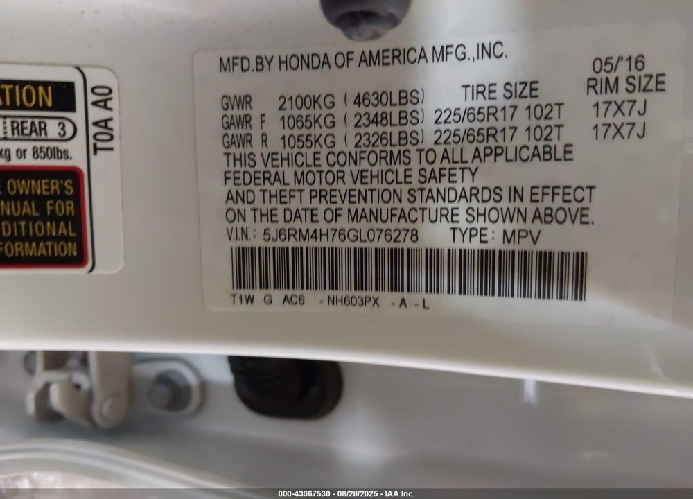 2016 HONDA CR-V VIN: 5J6RM4H76GL076278