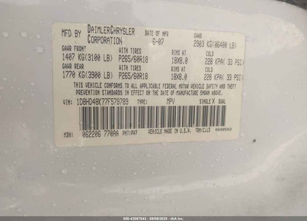 2007 DODGE DURANGO VIN: 1D8HD48K77F579789