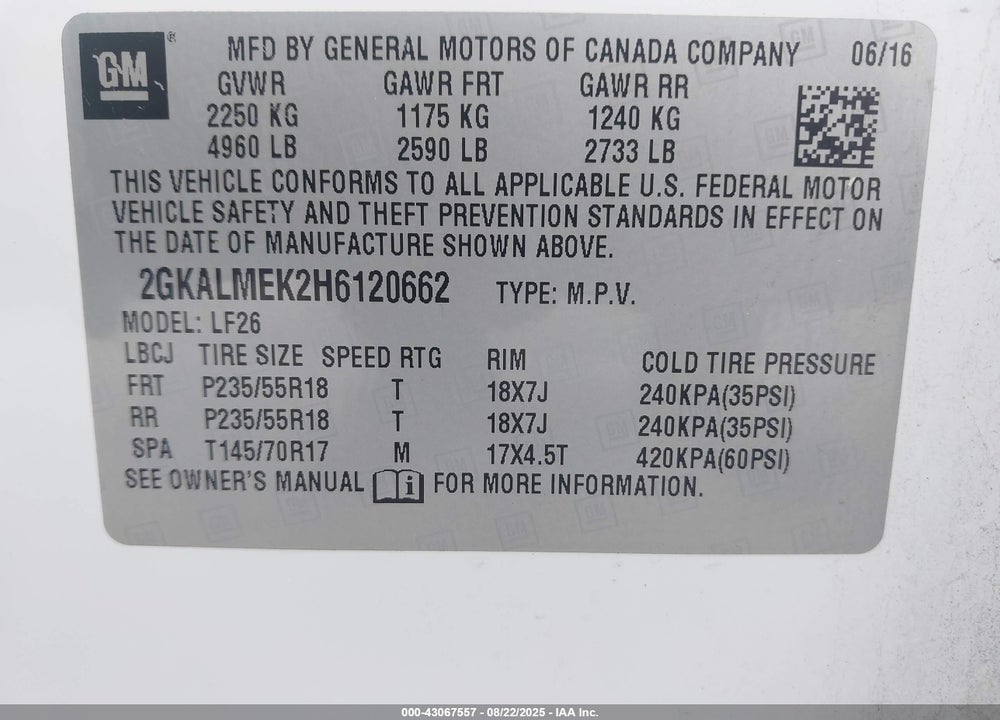 2017 GMC TERRAIN VIN: 2GKALMEK2H6120662