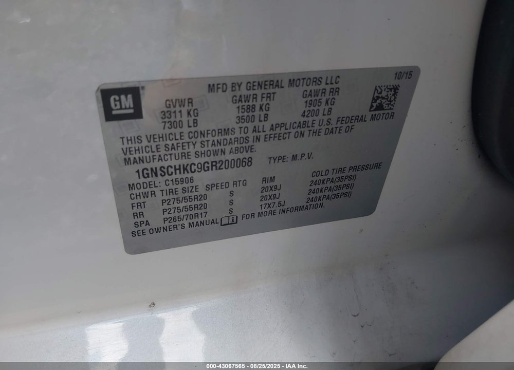 2016 CHEVROLET SUBURBAN VIN: 1GNSCHKC9GR200068