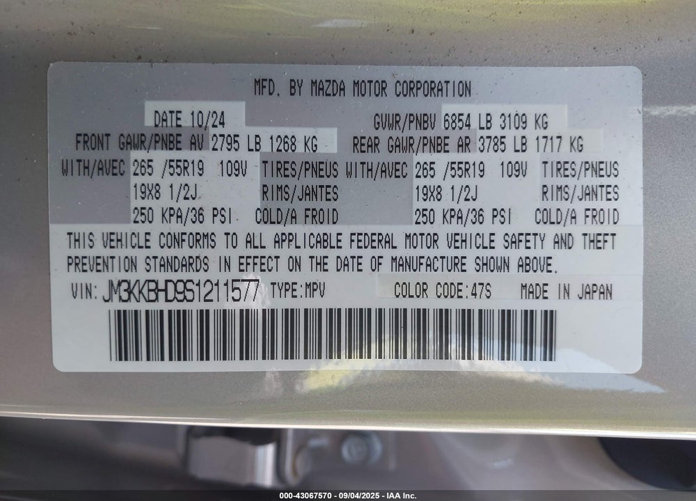 2025 MAZDA CX-90 VIN: JM3KKBHD9S1211577