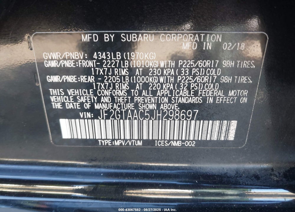 2018 SUBARU CROSSTREK 2.0I VIN: JF2GTAAC5JH298697