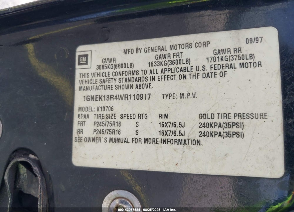 1998 CHEVROLET TAHOE LS VIN: 1GNEK13R4WR110917