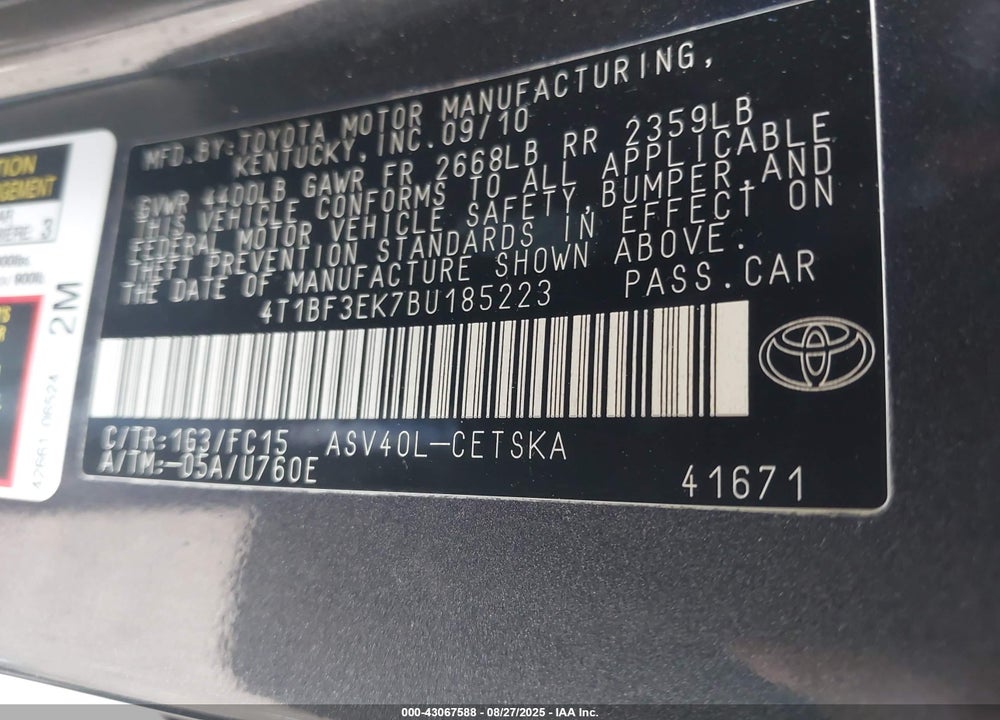 2011 TOYOTA CAMRY VIN: 4T1BF3EK7BU185223