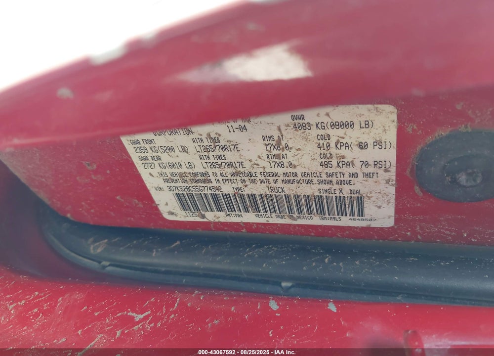 2005 DODGE RAM 2500 SLT/LARAMIE VIN: 3D7KS28C55G774542