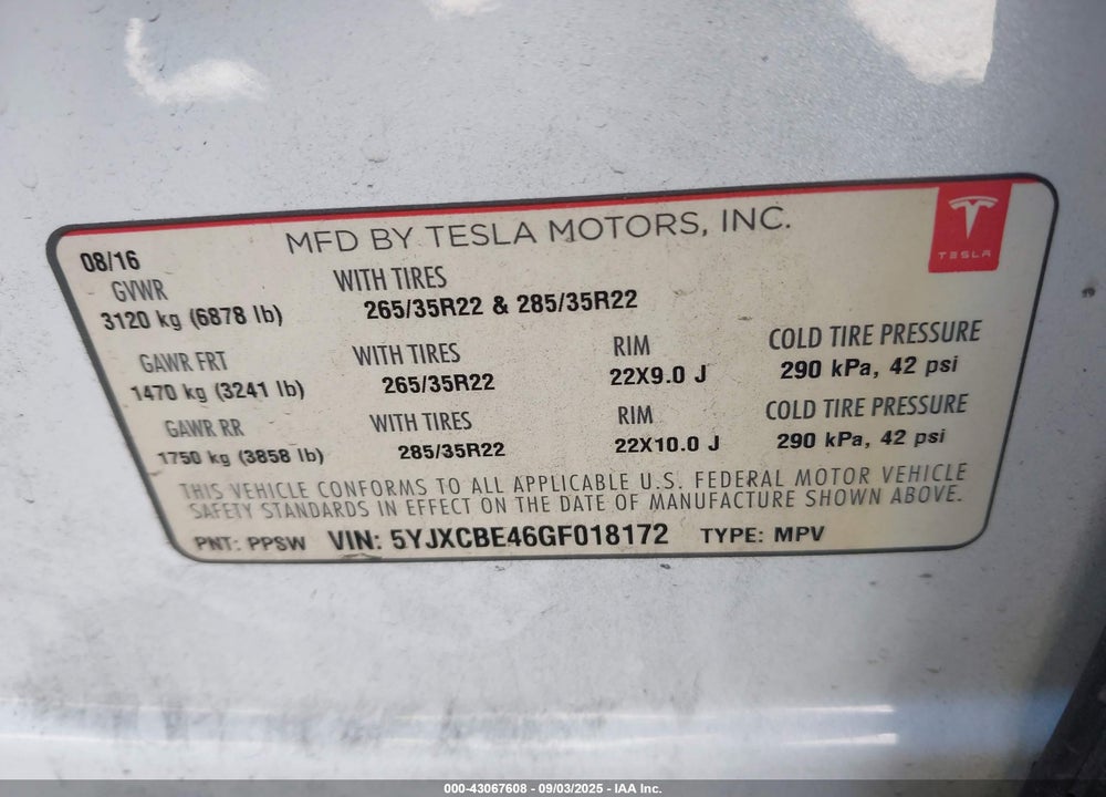 2016 TESLA MODEL X 75D/P100D/P90D VIN: 5YJXCBE46GF018172