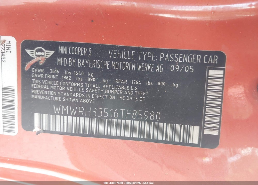 2006 MINI COOPER S VIN: WMWRH33516TF85980